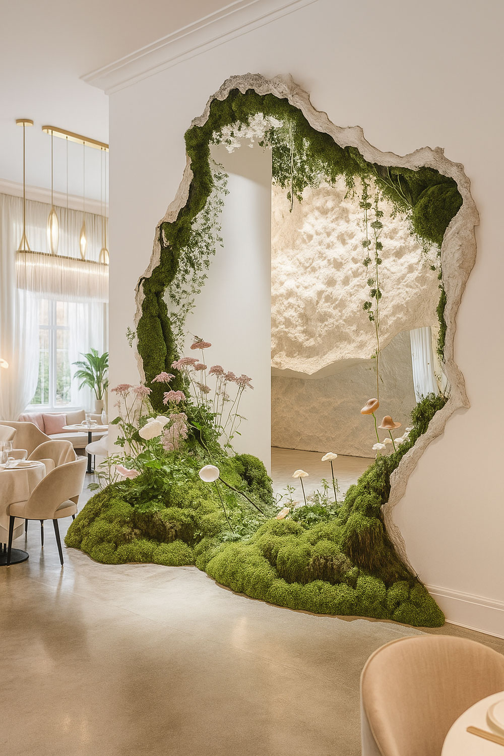 VerdePassione_Ispirazioni-Pareti_44 Soluzione custom con vegetazione che decora una bizzarra apertura che si apre su uno spazio secondario all'interno di un elegante boutique Hotel By Verde Passione
